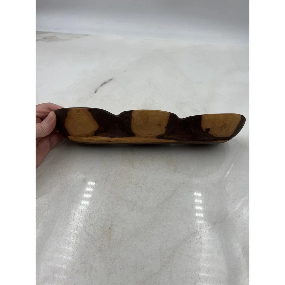 VTG Wooden Serving Tray Nut Dish Hand Carved 3 Section Live Edge Dark Wood